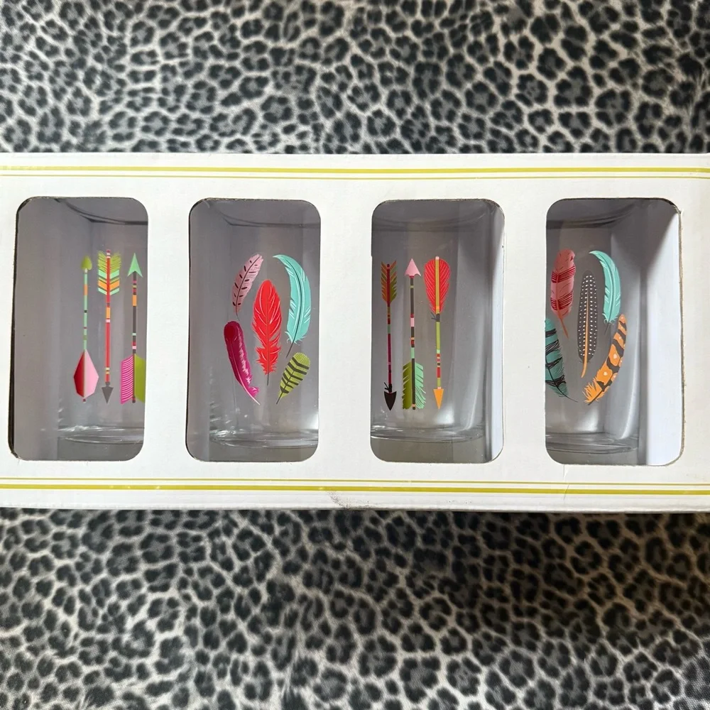 Paper Source Colorful Feather And Arrow 8 oz Glass Set NWT
